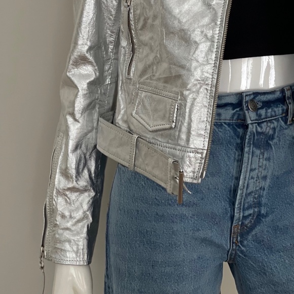 BANO EEMEE Metallic Moto Leather Jacket in Silver - Picture 6 of 13